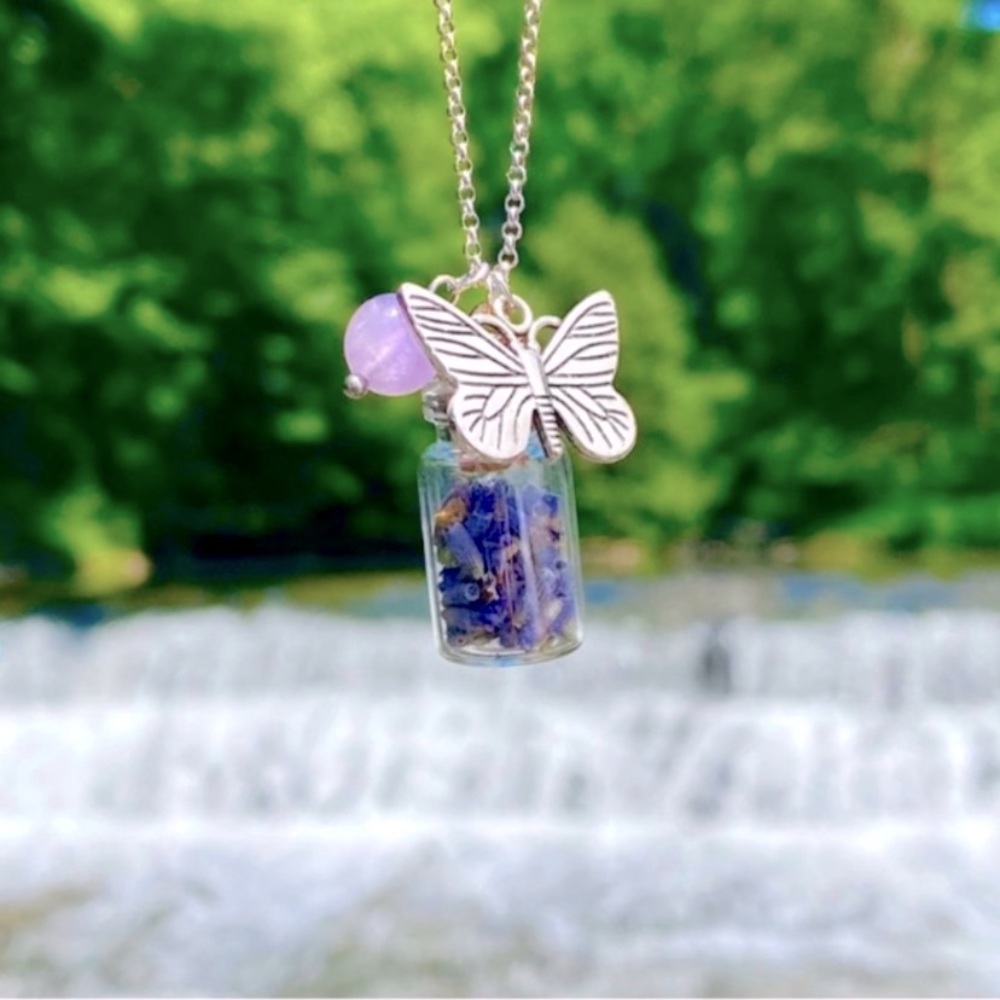 Natural Lavender Seeds Jar, Butterfly, and Amethyst Crystal Bead Necklace